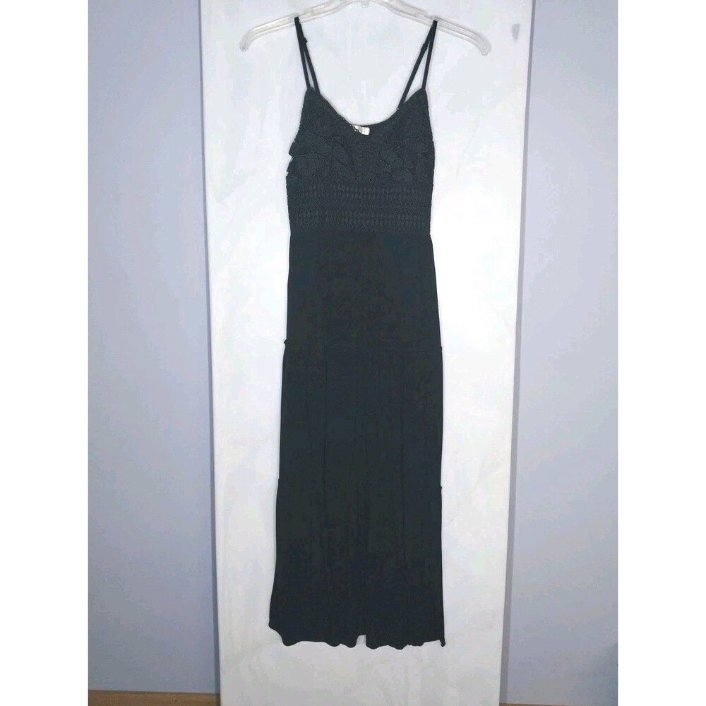 Ultra Flirt Textured Maxi Dress Women's M Black Lace Smocked Slit Tiered Resort